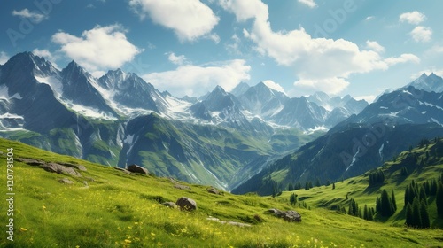 A photo of a majestic mountain range with alpine