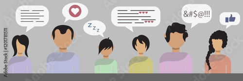 Communication with friends. Colored icons of people communicating online. Emotions in communication.