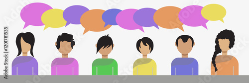 Online communication. Chatting with friends. Colored icons of people communicating.