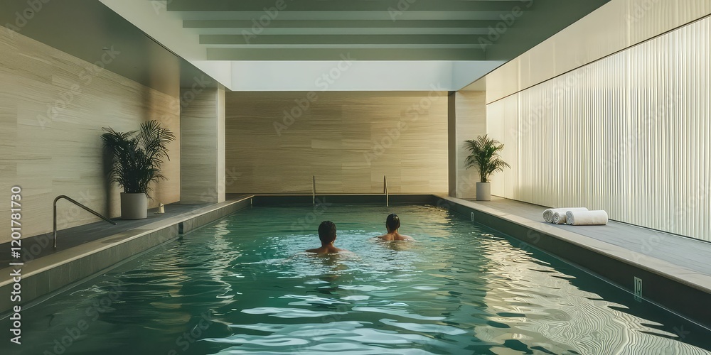 Obraz premium A couple swimming laps in a heated indoor pool surrounded by minimalistic decor.