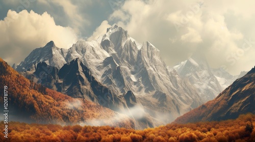 A photo of a majestic mountain range with autumn forest
