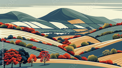 Vibrant Rolling Hills and Trees in a Stylized Landscape.. photo