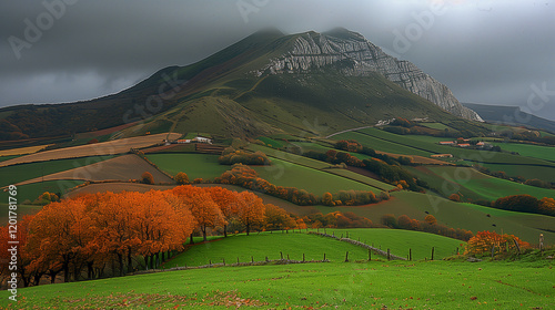 Vibrant Autumn Countryside with Rolling Hills.. photo