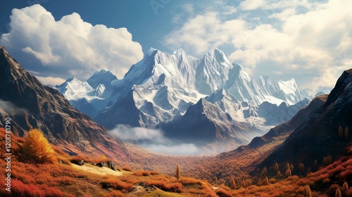 A photo of a majestic mountain range with autumn forest