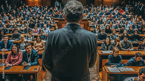 Speaker Addressing a Large Audience in a Lecture Hall.. photo