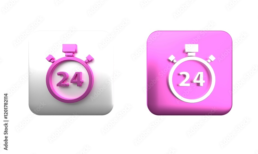 Colorful Stopwatch 24 hours icon isolated on white background. All day cyclic icon. 24 hours service symbol. Square button. 3D render illustration Colorful Stopwatch 24 hours icon isolated on white background. All day cyclic icon. 24 hours service symbol. Square button. 3D render illustration
