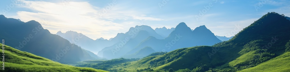 Fototapeta premium A mountain range with a clear blue sky. The mountains are covered in green trees and the sky is bright and sunny