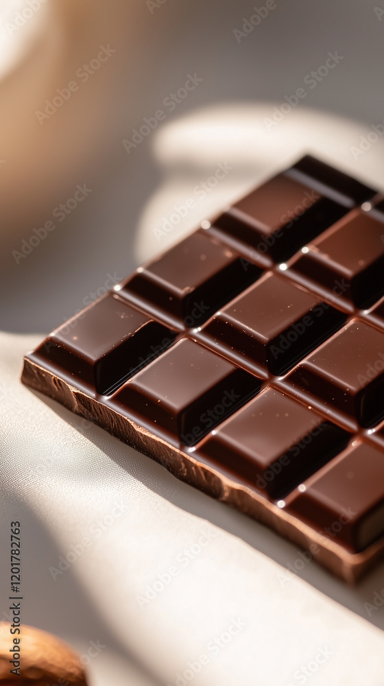 Fototapeta premium Delicious chocolate bar with rich texture and shiny surface on a solid background. 