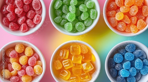 Colorful sugar coated gummy candies in bowls. photo