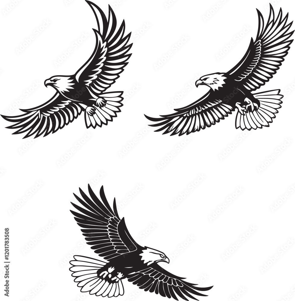 Obraz premium Vector illustration of a flying eagle, available for purchase at $1 USD, showcasing its majestic wingspan