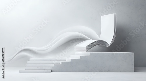 Abstract book pages flowing on stairs, white studio