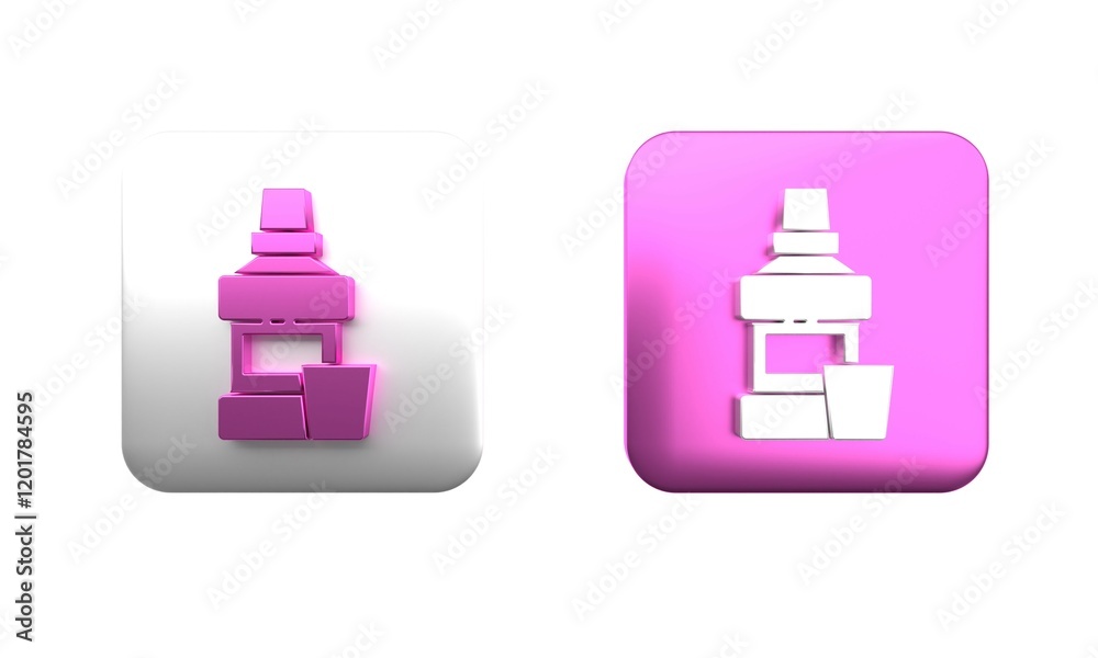 Obraz premium Colorful Mouthwash plastic bottle and glass icon isolated on white background. Liquid for rinsing mouth. Oralcare equipment. Square button. 3D render illustration
