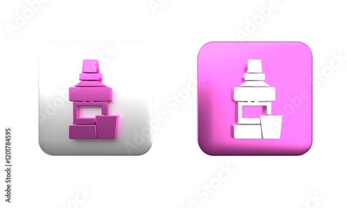 Colorful Mouthwash plastic bottle and glass icon isolated on white background. Liquid for rinsing mouth. Oralcare equipment. Square button. 3D render illustration photo