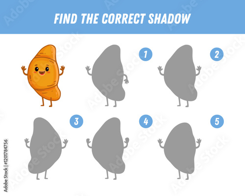 Find correct shadow of cartoon croissant. Educational logical game for kids. Funny food character. Vector