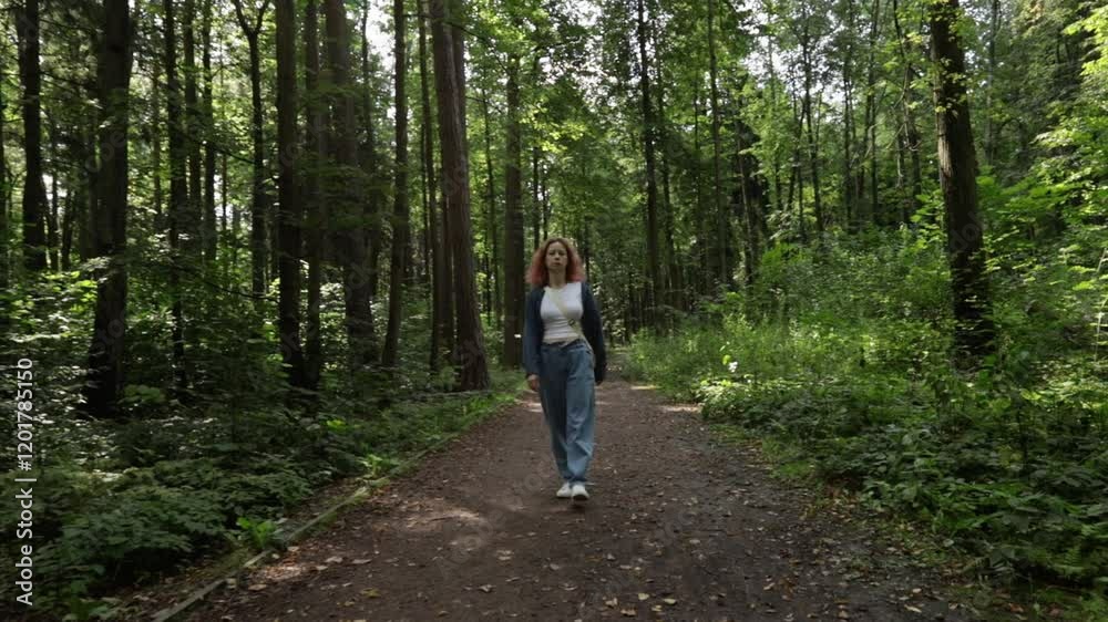 Woman walking in the forest, enjoying an outdoor activity, surrounded by tall trees and the serenity of nature Woman walking in the forest, enjoying an outdoor activity, surrounded by tall trees and the serenity of nature