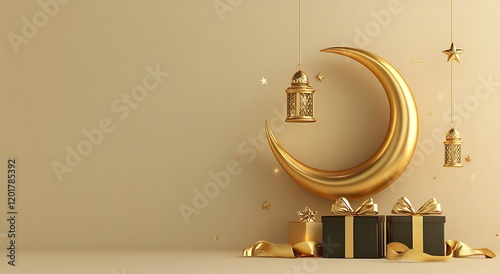 Golden Crescent Moon, Lantern, and Gifts for a Festive Celebration. A 3D rendering showcasing a golden crescent moon, hanging lantern, and two black gift boxes wrapped in gold ribbon photo