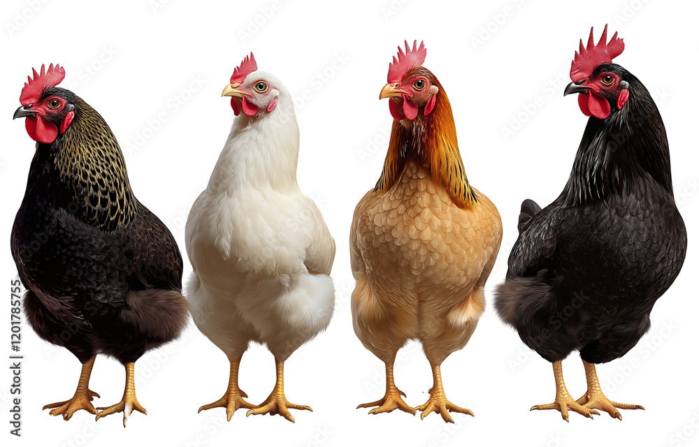 Fototapeta premium 4 different chickens isolated on a transparent background, PNG