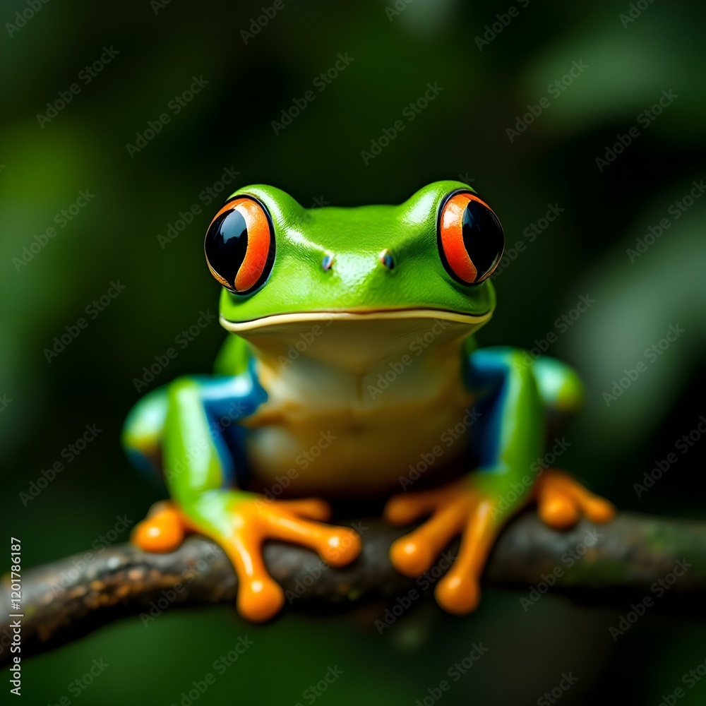 Fototapeta premium Bright Green Frog with Bold Orange Eyes