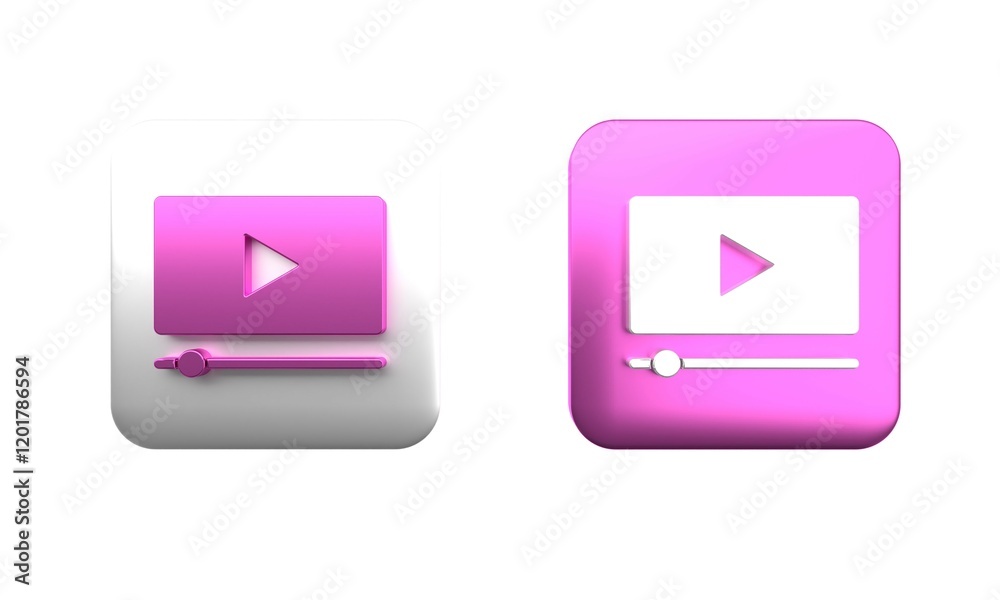 Colorful Online play video icon isolated on white background. Film strip with play sign. Square button. 3D render illustration Colorful Online play video icon isolated on white background. Film strip with play sign. Square button. 3D render illustration