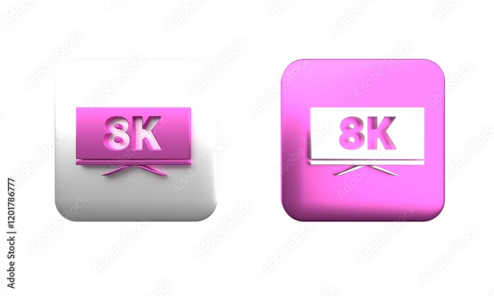 Colorful Screen tv with 8k Ultra HD video technology icon isolated on white background. Square button. 3D render illustration Colorful Screen tv with 8k Ultra HD video technology icon isolated on white background. Square button. 3D render illustration