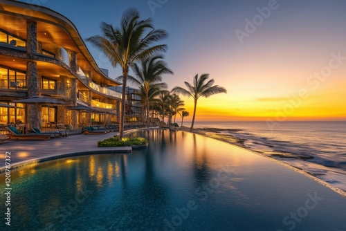Luxury beachfront hotel at sunset, infinity pool, and modern glass architecture