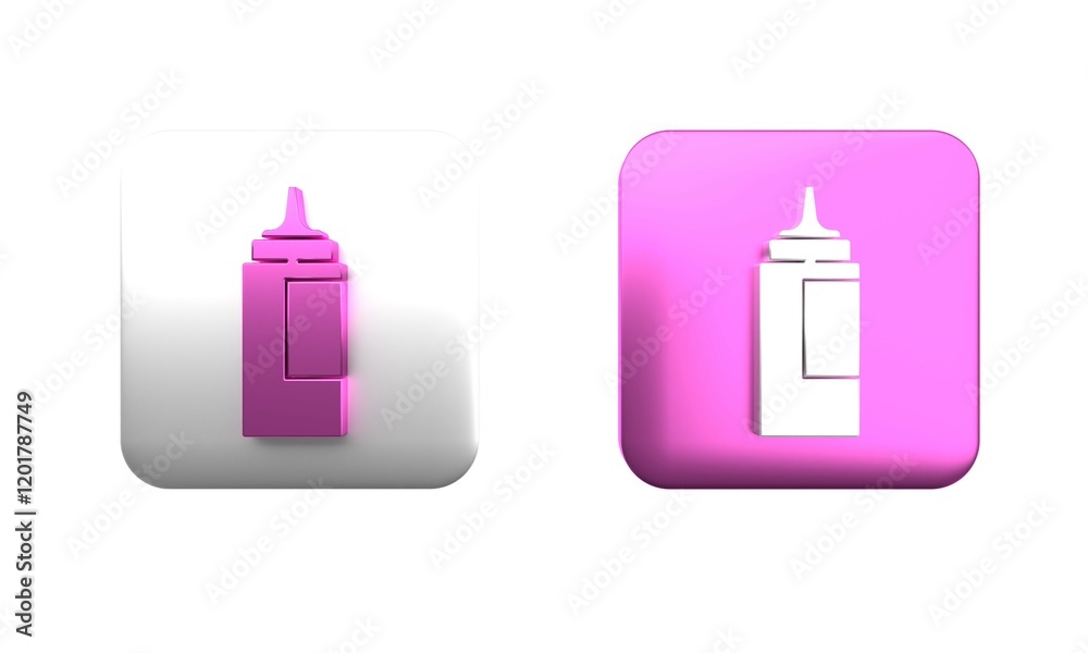 Colorful Sauce bottle icon isolated on white background. Ketchup, mustard and mayonnaise bottles with sauce for fast food. Square button. 3D render illustration Colorful Sauce bottle icon isolated on white background. Ketchup, mustard and mayonnaise bottles with sauce for fast food. Square button. 3D render illustration