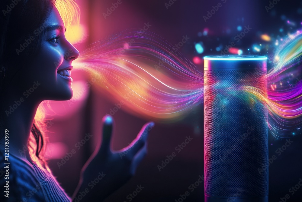 A creative image of a person using a voice assistant to play music, with animated sound waves emanating from a smart speaker A creative image of a person using a voice assistant to play music, with animated sound waves emanating from a smart speaker