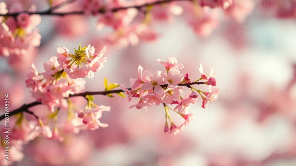 Delicate pink cherry blossoms bloom on a branch, their soft petals catching the warm glow of the sun, creating a picturesque scene of springtime beauty. Delicate pink cherry blossoms bloom on a branch, their soft petals catching the warm glow of the sun, creating a picturesque scene of springtime beauty.