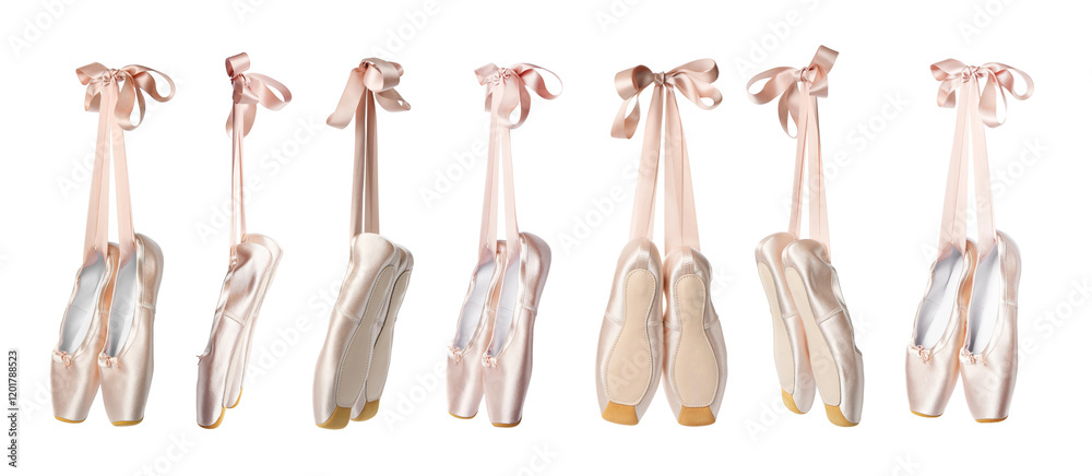Beige ballet shoes isolated on white, set Beige ballet shoes isolated on white, set
