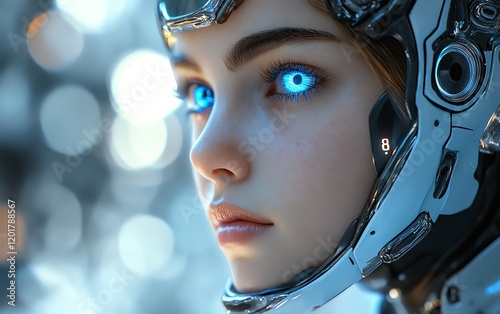 A young female cyborg with glowing blue eyes and futuristic metallic enhancements, artificial intelligence design, soft blurred background, ultradetailed, 8K clarity photo