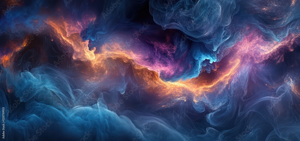 Fototapeta premium A dark, abstract background with ethereal blue, purple, and silver smoke-like wisps, glowing softly to create a mysterious atmosphere.
