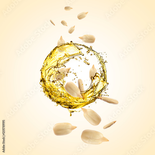 Cooking oil splashes and flying sunflower seeds on light yellow background photo