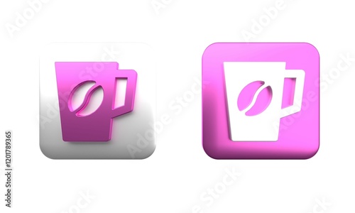 Colorful Coffee cup icon isolated on white background. Tea cup. Hot drink coffee. Square button. 3D render illustration