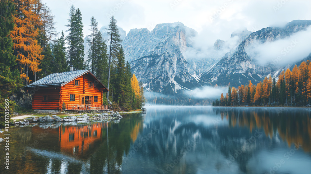 Fototapeta premium Wooden cabin by a serene mountain lake surrounded by autumn trees and misty peaks reflecting in the calm water