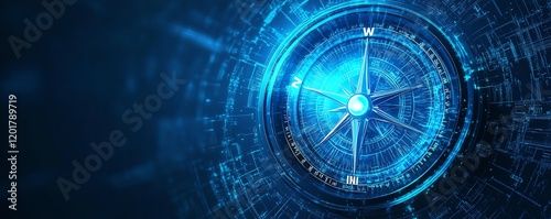 Stylized blue compass with glowing directional markers, smooth gradient background in shades of blue, sleek and modern digital design, 8K clarity, vibrant colors