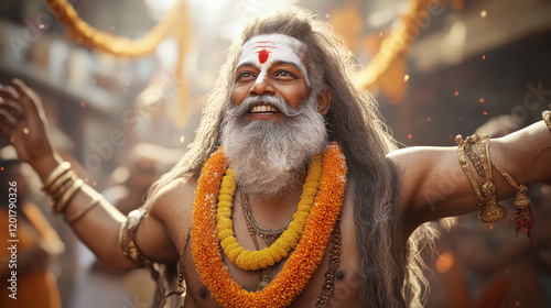 Naga Sadhu with ashes dancing in kumbh mela photo