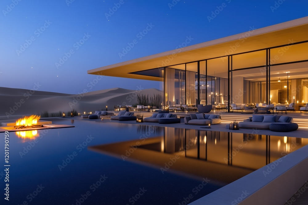 Fototapeta premium Modern desert hotel with elegant architecture, lounge area, and starlit views