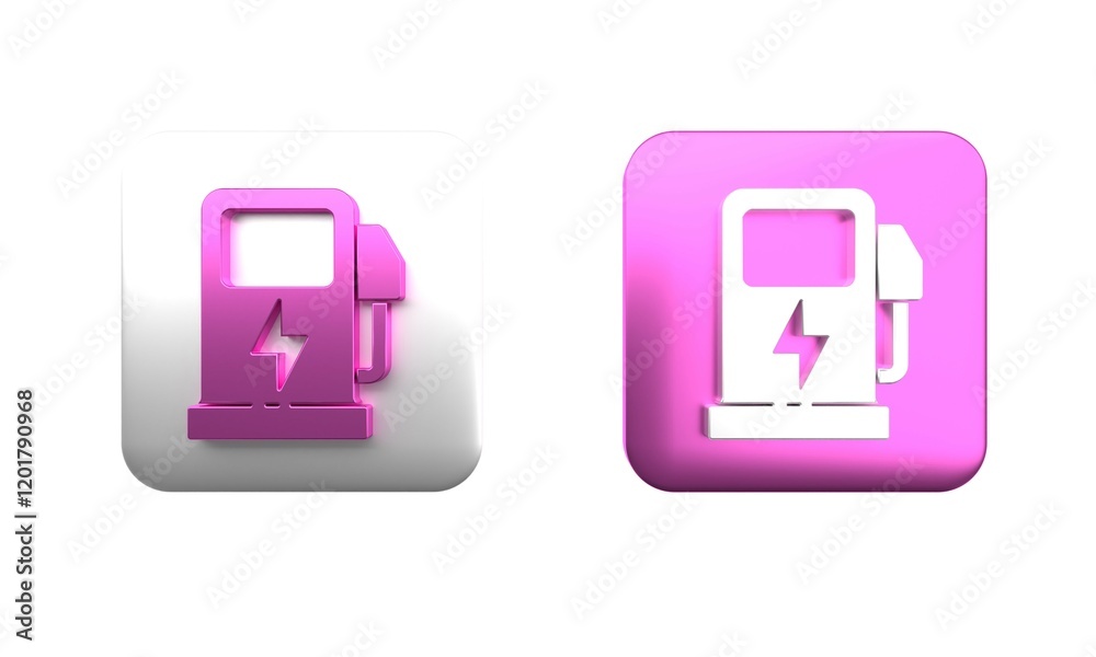 Colorful Electric car charging station icon isolated on white background. Eco electric fuel pump sign. Square button. 3D render illustration Colorful Electric car charging station icon isolated on white background. Eco electric fuel pump sign. Square button. 3D render illustration