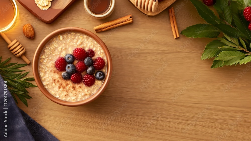 A cozy breakfast scene featuring oatmeal topped with berries, honey, and spices.