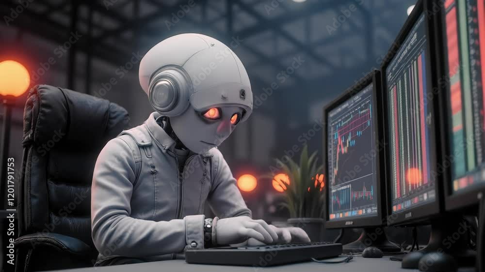 Robot analysis in a modern workspace with glowing screens displaying data trends Robot analysis in a modern workspace with glowing screens displaying data trends