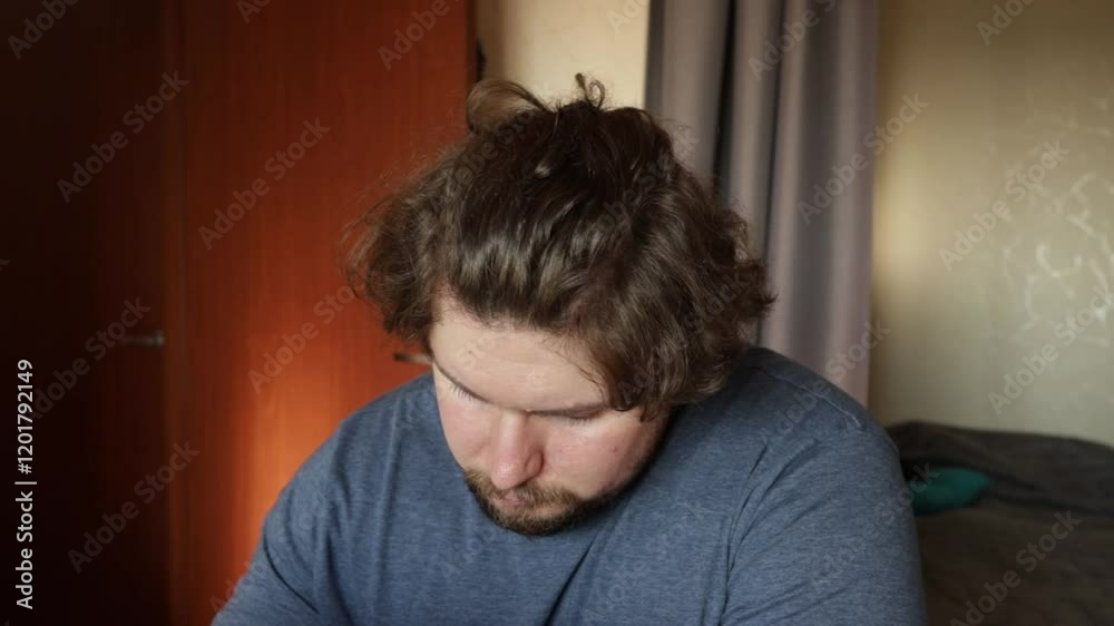 Man with laptop at home, digital workspace for remote business tasks, adult working indoors at a desk. Man with laptop at home, digital workspace for remote business tasks, adult working indoors at a desk.