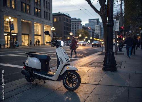 A sleek and modern electric scooter parked on a city street at dusk, ready for exploration