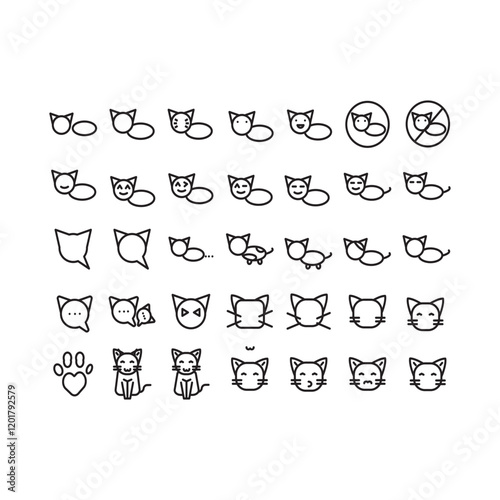 Set of cat icons showcasing various poses, expressions, and styles. Perfect for pet-themed designs, apps, and creative projects. Modern, adorable, and versatile vector format.