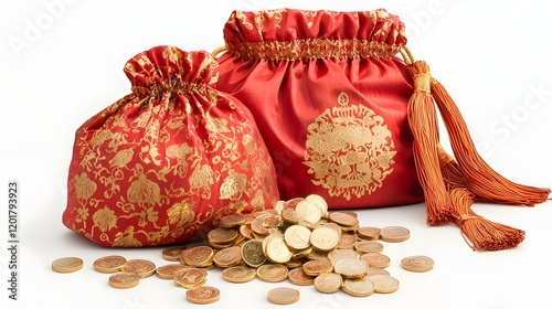 Elegant Red and Gold Bags with Traditional Chinese Patterns and Scattered Gold Coins and Ingots