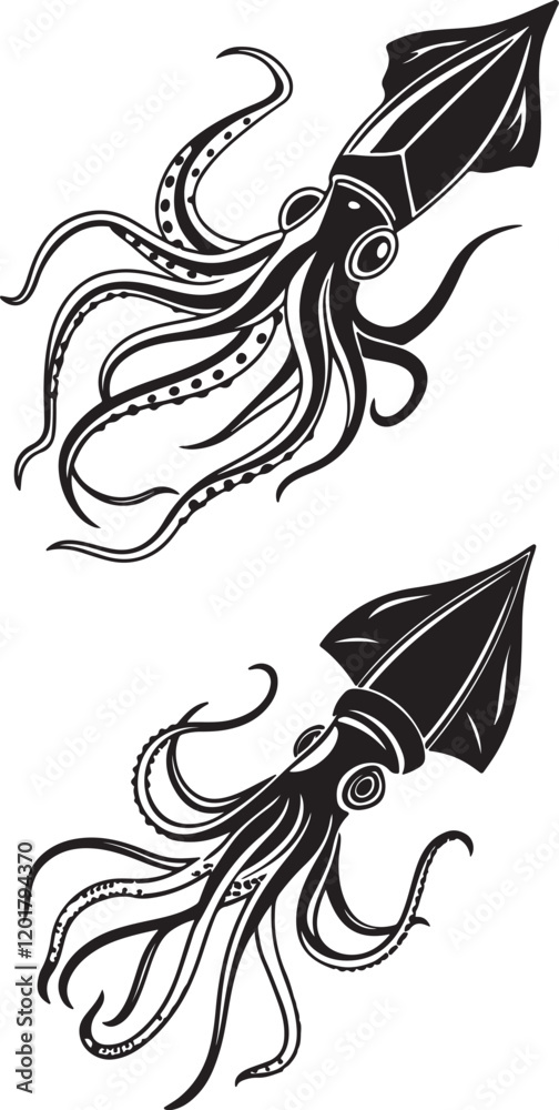 Obraz premium Vector art featuring multiple squid silhouettes, each uniquely designed in black ink, emphasizing their distinct forms