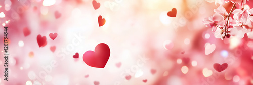 Bright red hearts drift gently amidst delicate pink blossoms, evoking love and joy. Generative AI