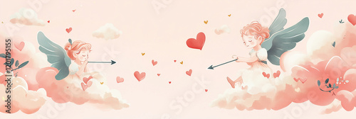 Two charming cherubs aim love arrows at each other, surrounded by clouds and floating hearts. Generative AI