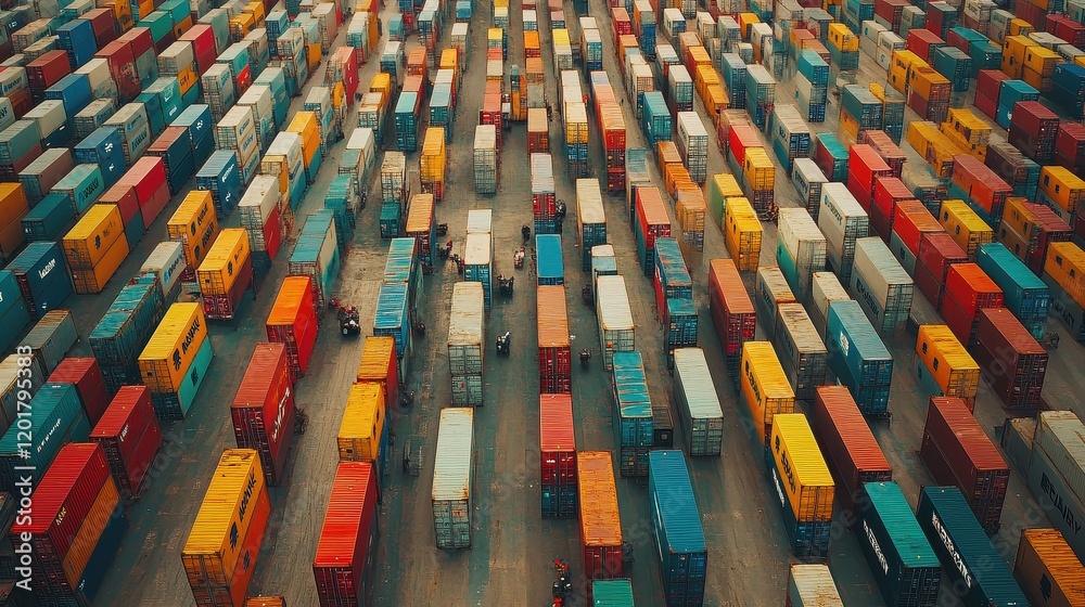 Fototapeta premium A massive shipping container yard, viewed from above, organized rows of containers in different colors, efficiency in shipping