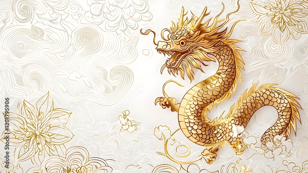 Fototapeta premium Elegant Golden Dragon Motif with Intricate Floral Patterns on White Background