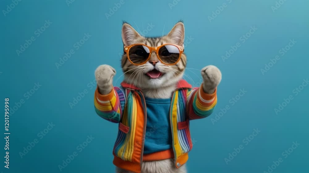 A playful and stylish cat wearing sunglasses and a colorful clothes, dancing. This vibrant and humorous image captures the quirky personality of cats and brings a smile with its bright colors and whim